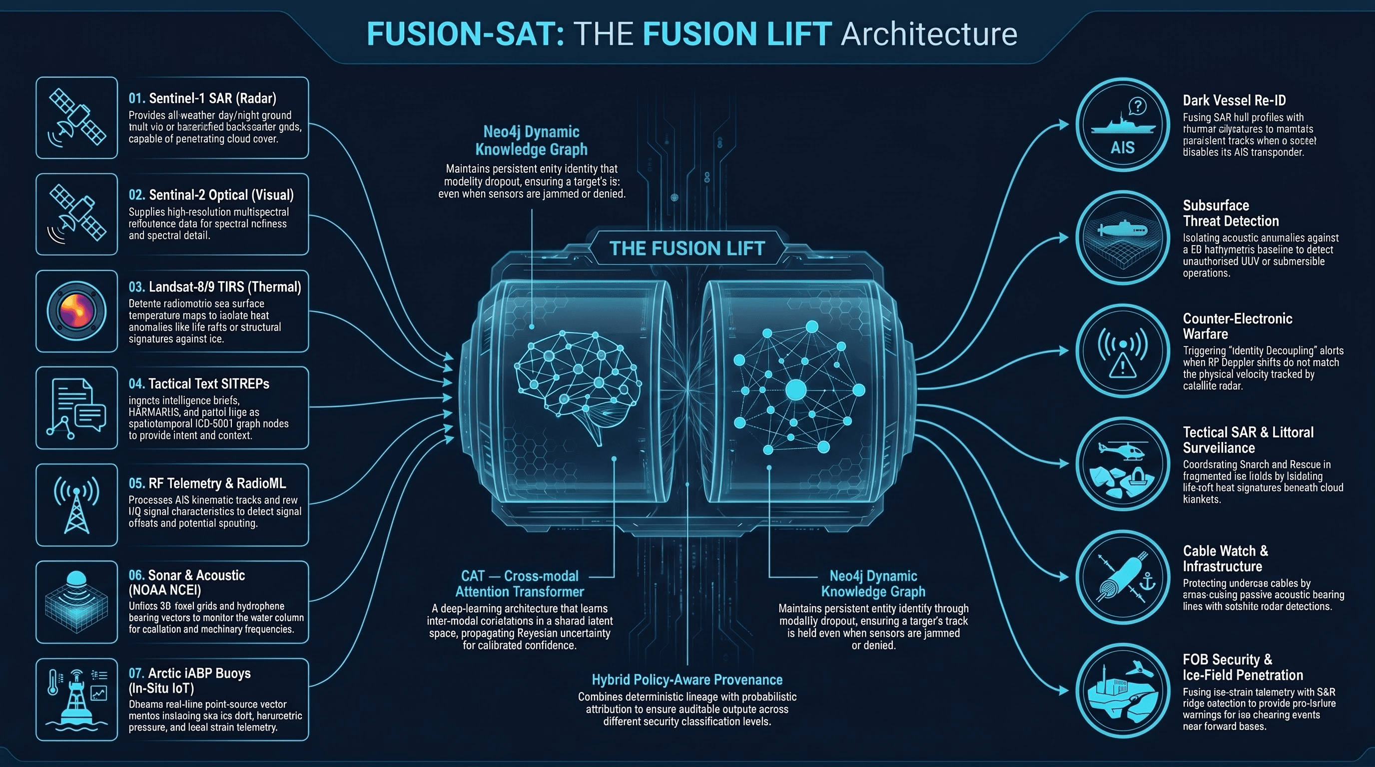 Fusion Lift engine diagram — seven modality streams through CAT and Neo4j to mission outputs
